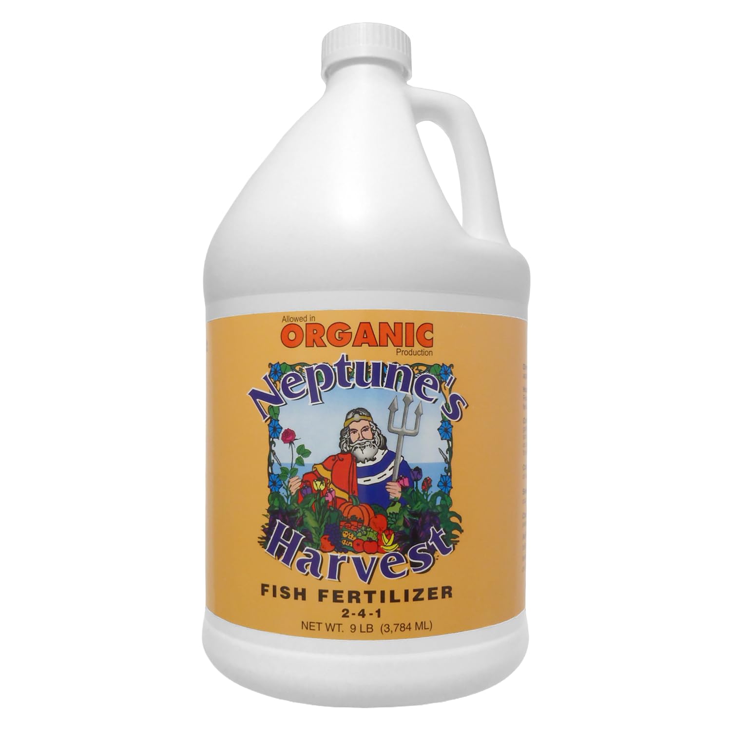 Neptune's Harvest bottle pour for garden use, showing application.