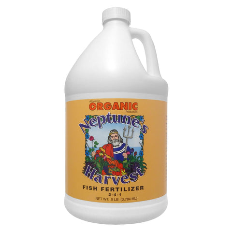 Neptune's Harvest bottle pour for garden use, showing application.