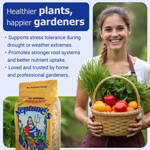 Neptune’s Harvest easy-application visuals illustrate top-dressing and soil incorporation.