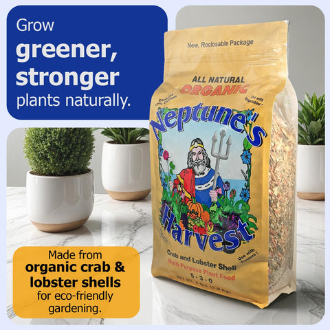 Neptune’s Harvest fertilizer label highlights calcium and micronutrients for healthy roots.