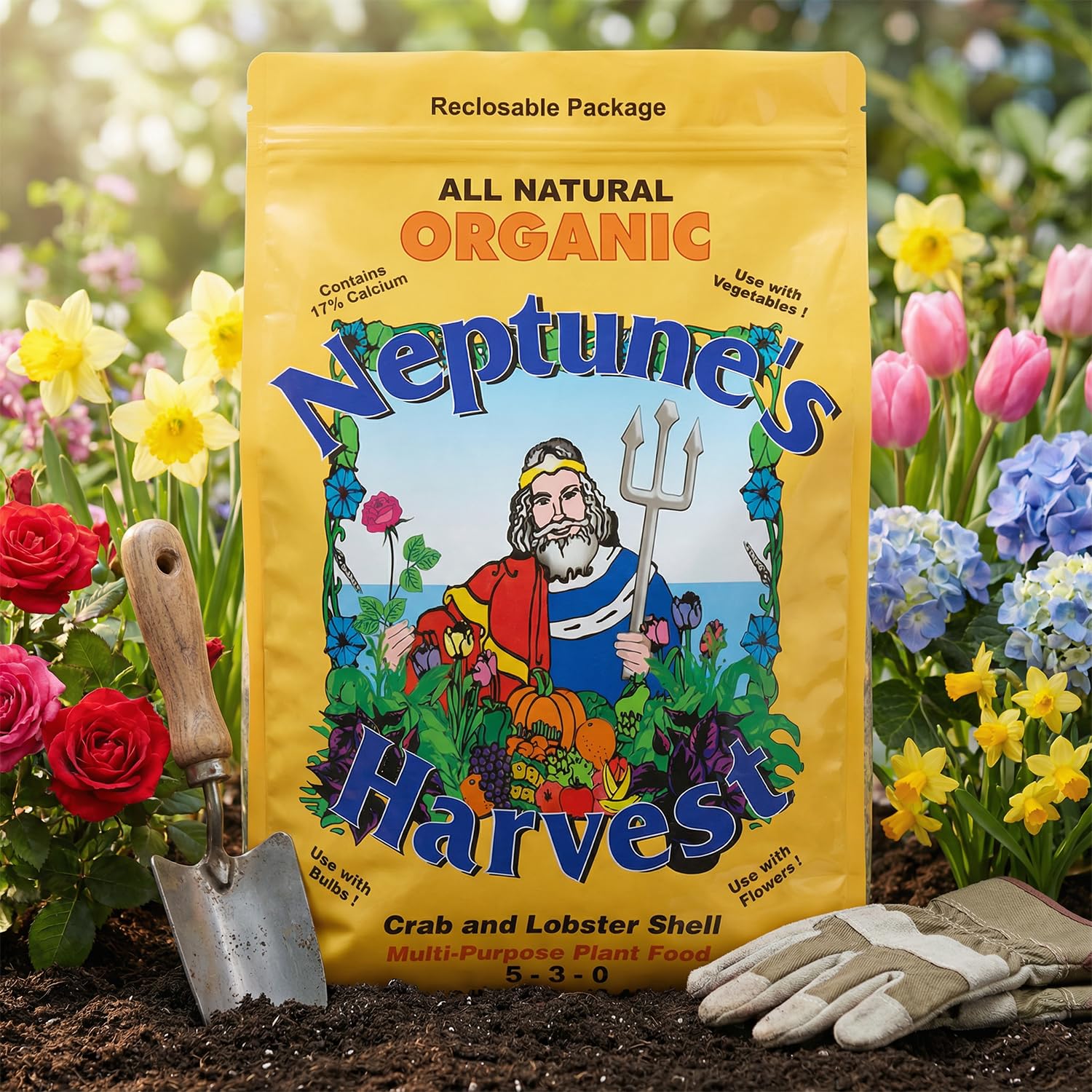 Garden bed application with Neptune's Harvest organic fertilizer promoting steady nutrient release