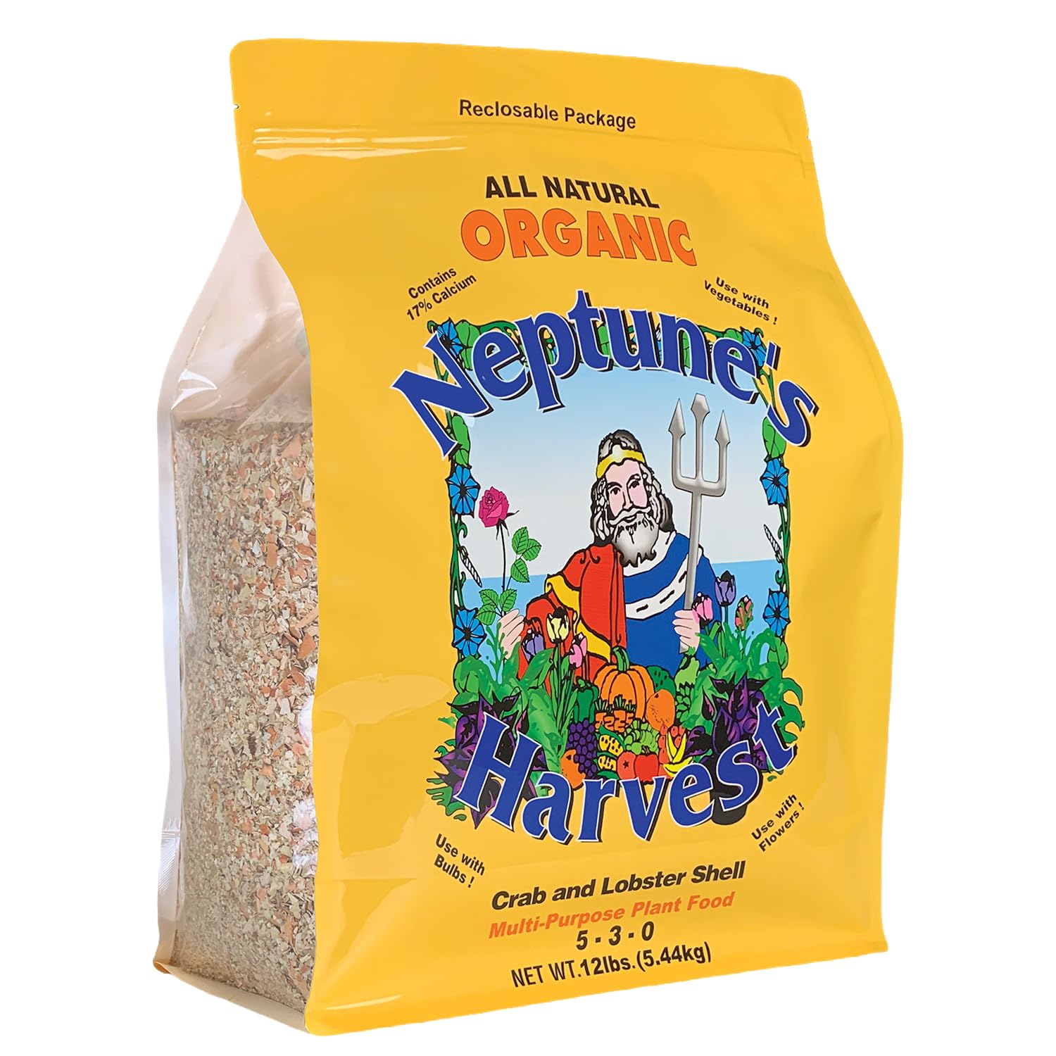 Neptune's Harvest crab and lobster shell plant food bag showing nutrients for robust lawn growth