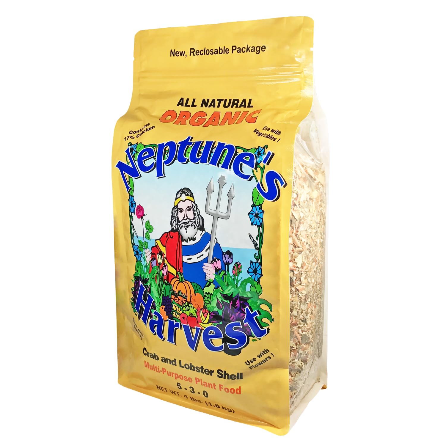 Neptune’s Harvest crab & lobster shell plant food bag with organic nutrients for lawns and gardens.