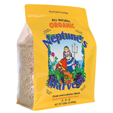 Neptune's Harvest crab and lobster shell plant food bag showing nutrients for robust lawn growth