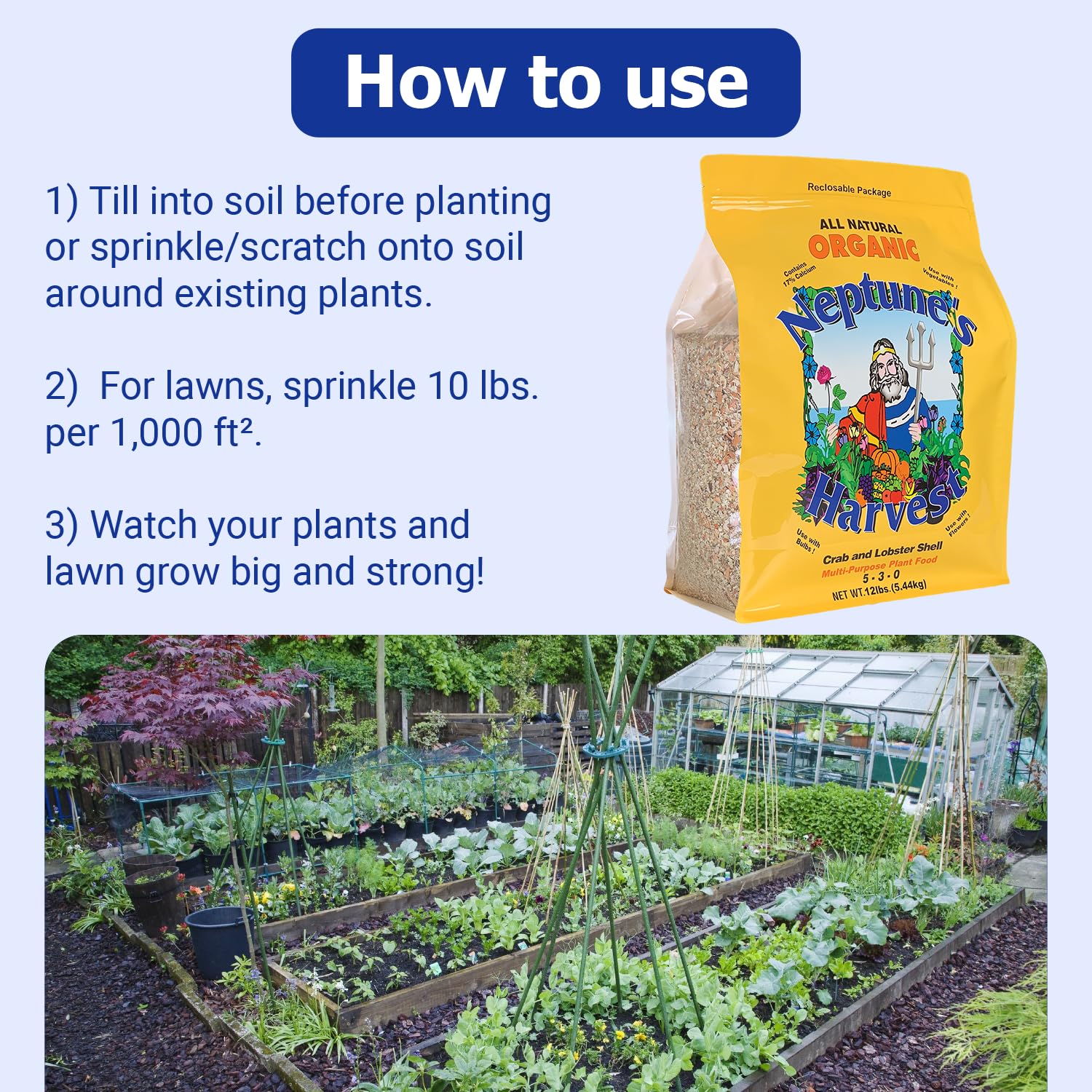 Neptune's Harvest crab and lobster shell meal extending root growth and deeper soil nourishment