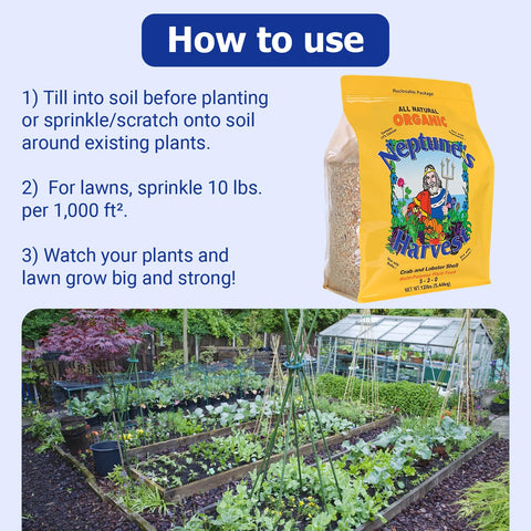 Neptune's Harvest crab and lobster shell meal extending root growth and deeper soil nourishment