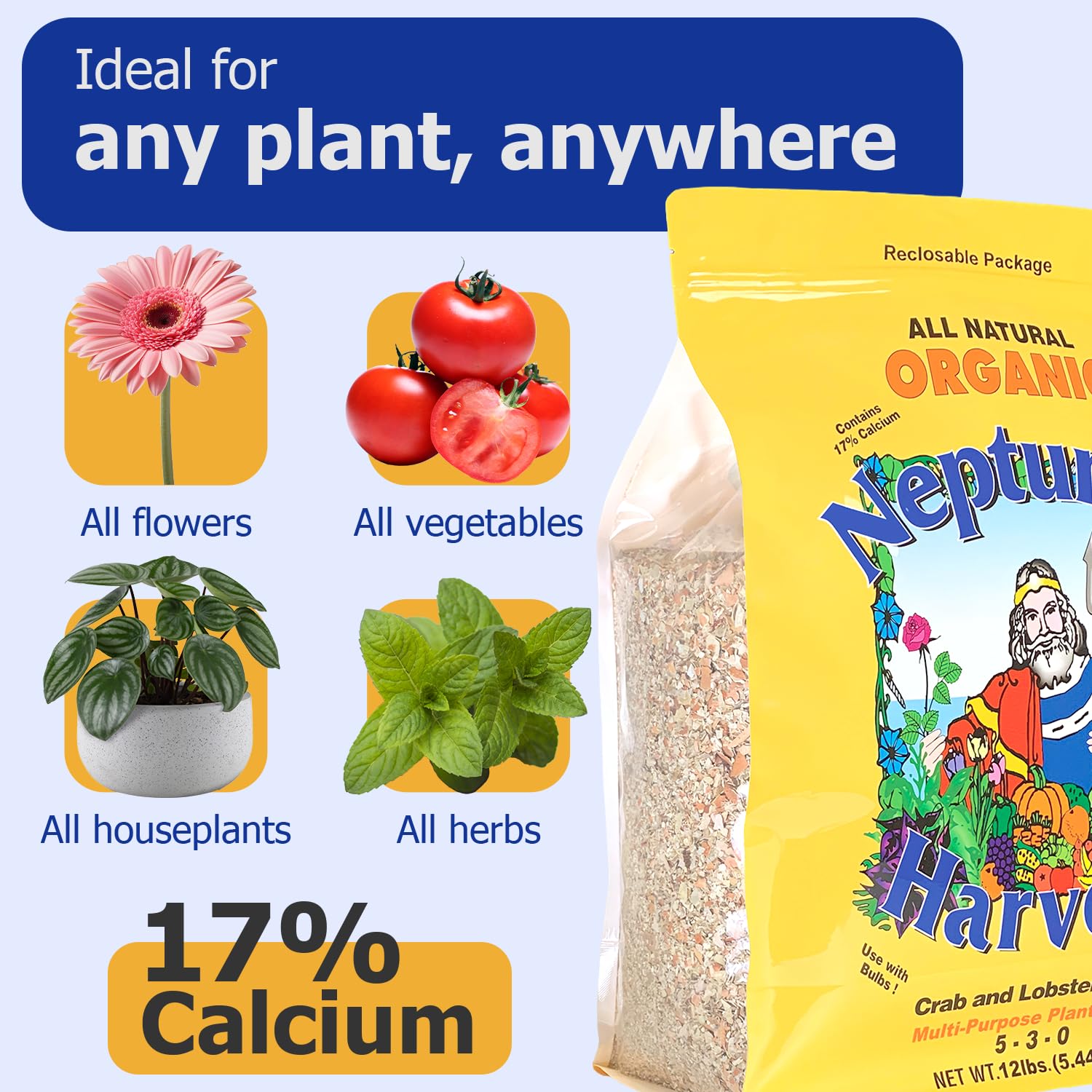 Neptune's Harvest organic fertilizer being broadcast over garden bed for long-term soil nutrition