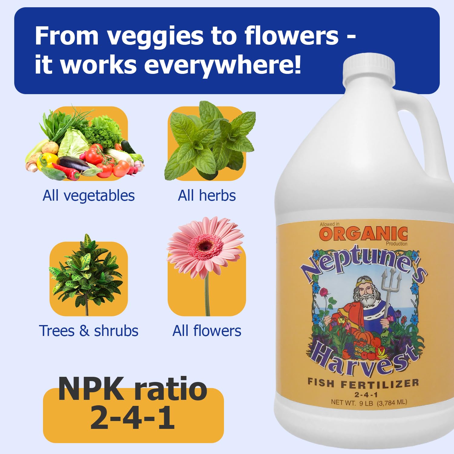 Neptune's Harvest liquid fertilizer being diluted for indoor potted plants.