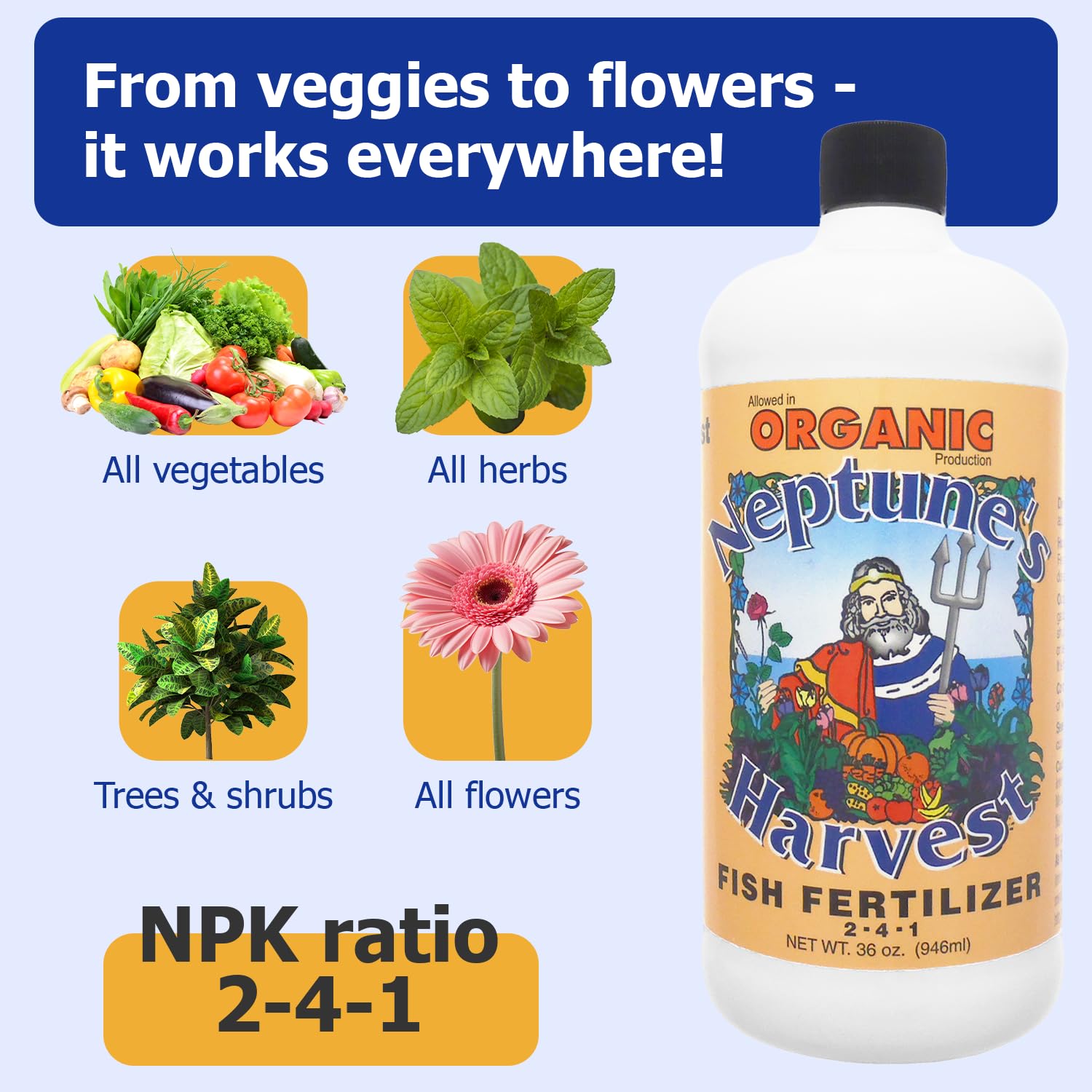 Neptune's Harvest fish fertilizer green-garden-application for outdoor beds.