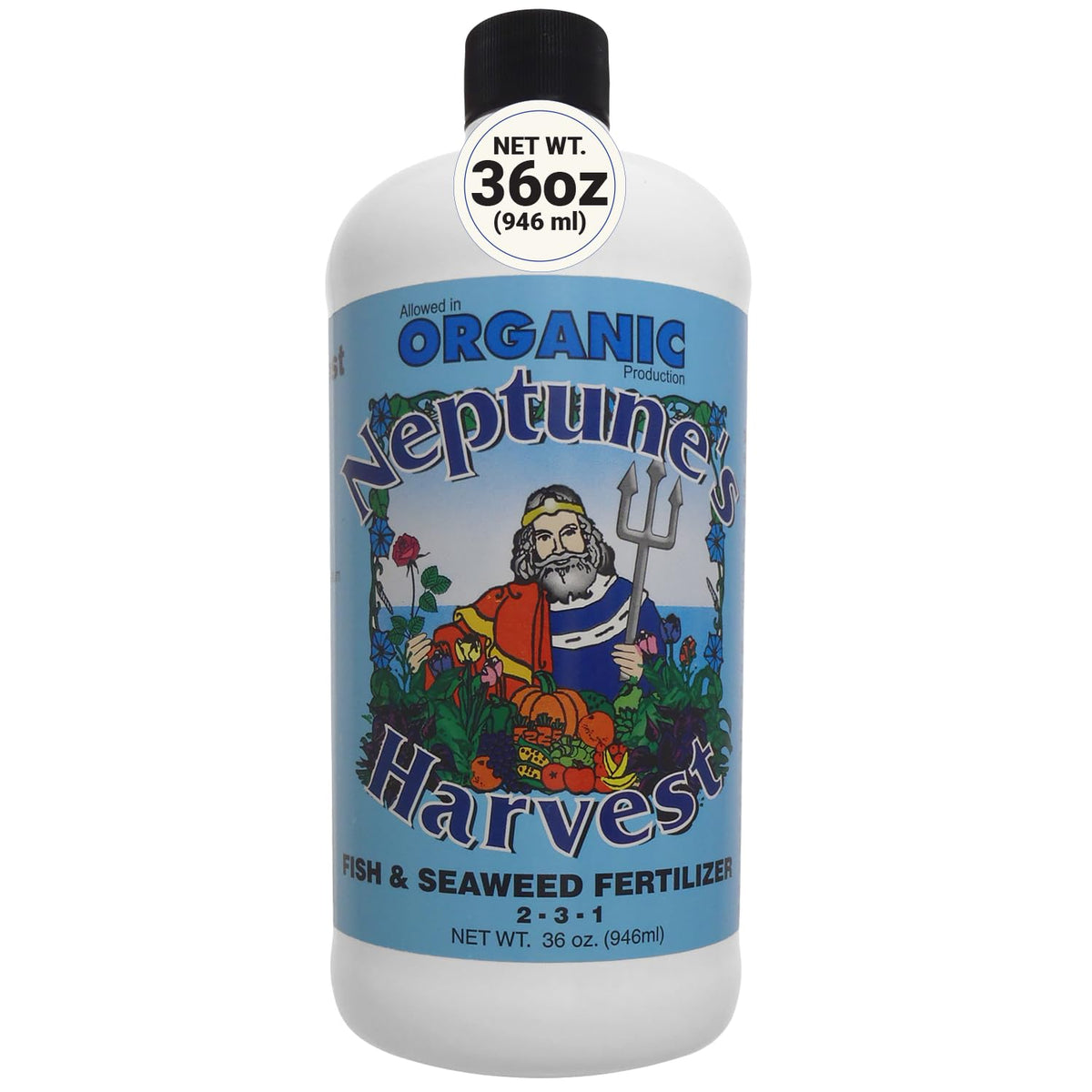 Neptune's Harvest fish & seaweed liquid fertilizer bottle pour for steady plant growth
