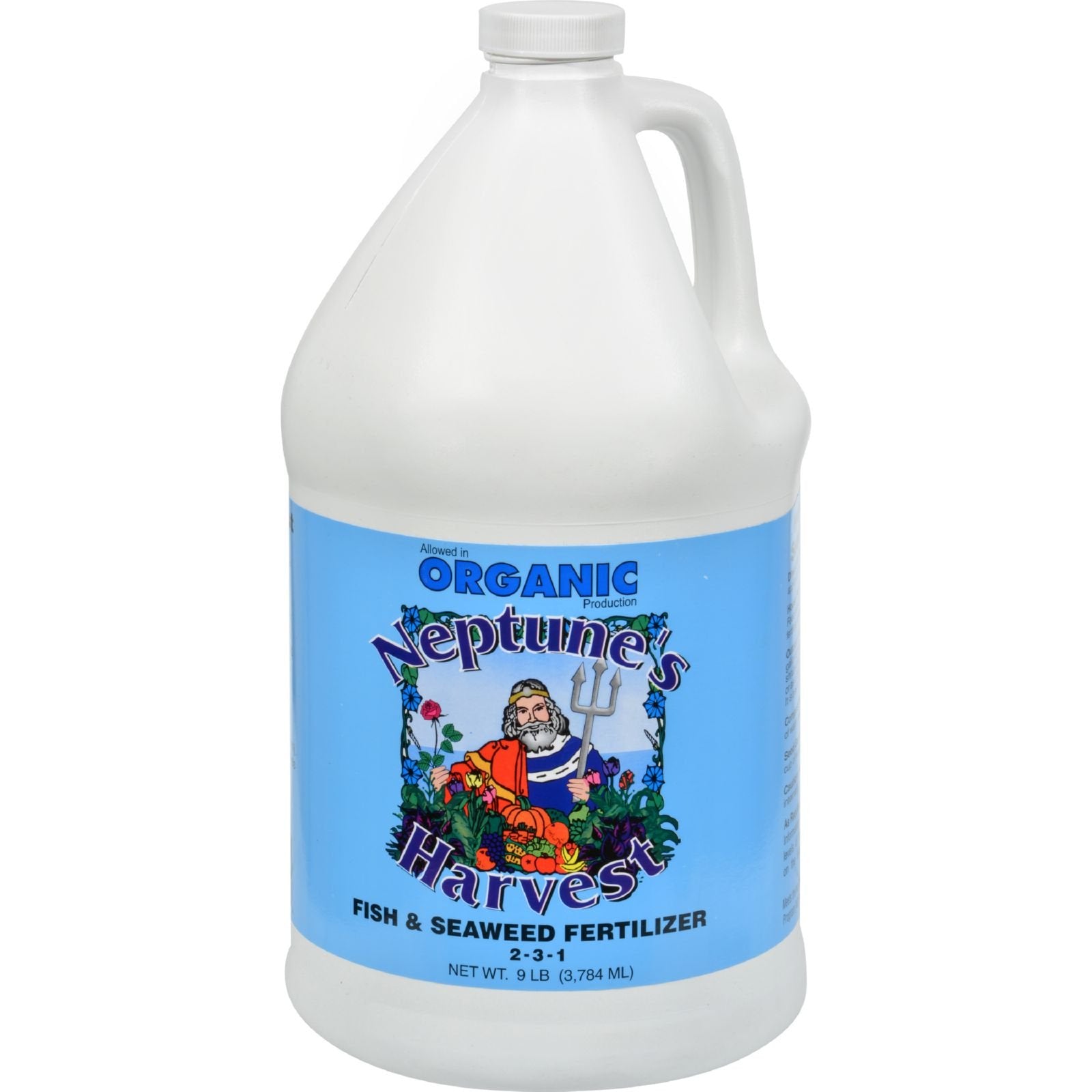 Neptune's Harvest fish-seaweed liquid fertilizer bottle pour nourishes soil for vegetables and flowers.