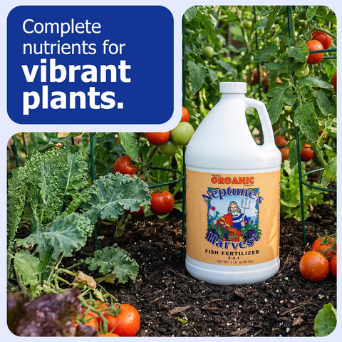 Neptune's Harvest fish hydrolysate label highlights organic, OMRI-listed fertilizer.