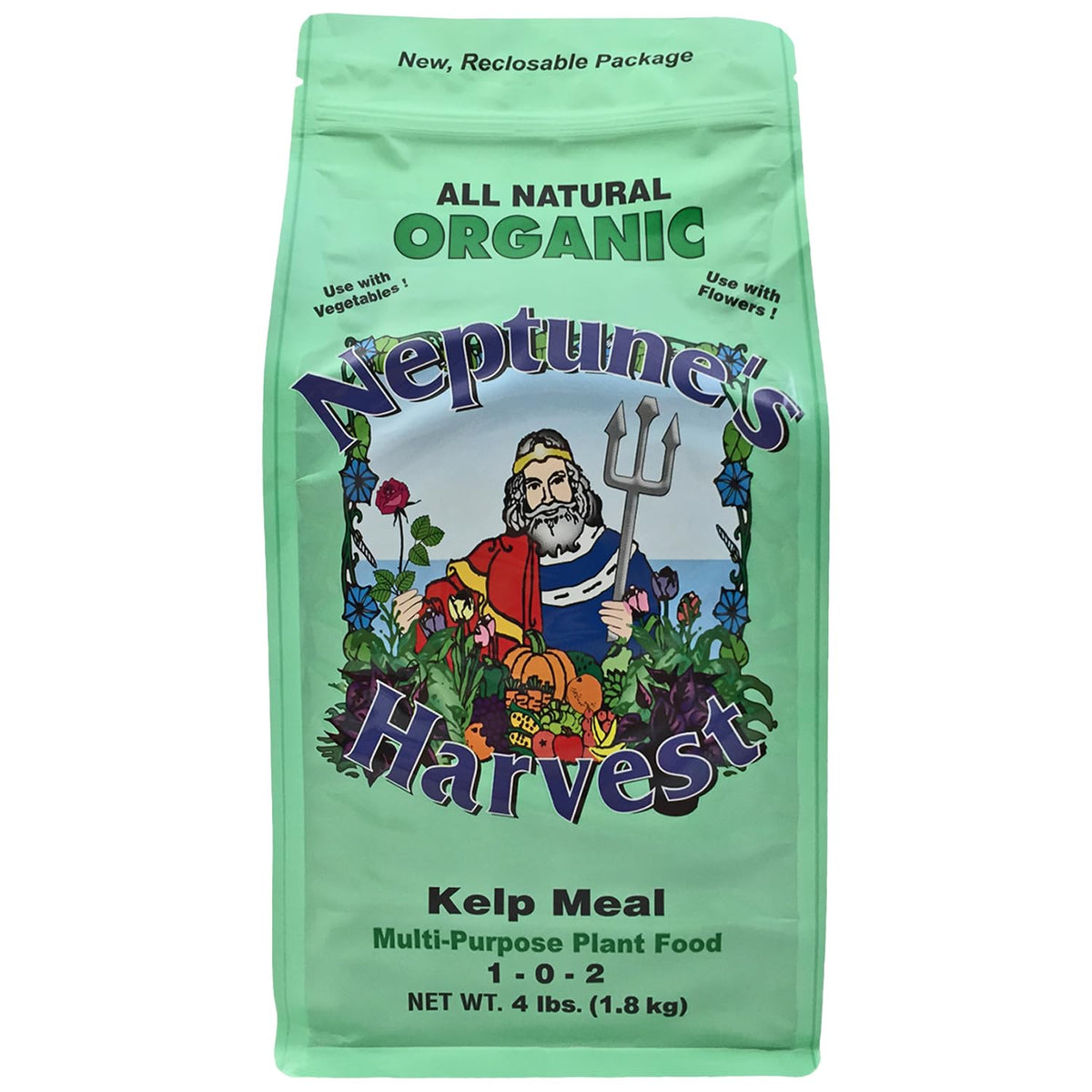 Neptune's Harvest kelp meal bag 4lb on shelf boosts soil health for robust plants