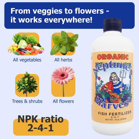 Neptune's Harvest label closeup highlights OMRI Listed status and natural ingredients