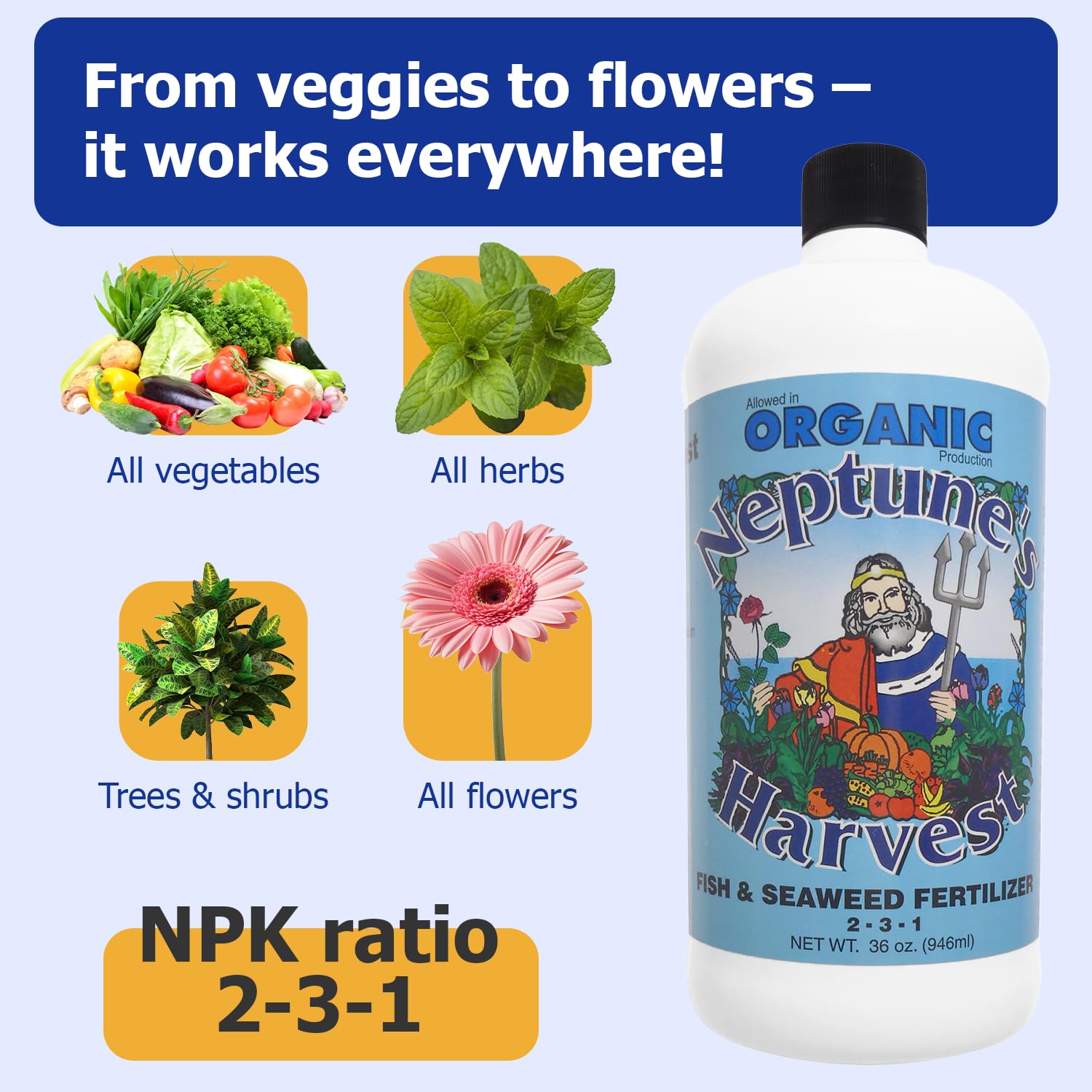 Neptune's Harvest liquid fertilizer used as foliar-feed delivers nutrients to foliage for vibrant color.