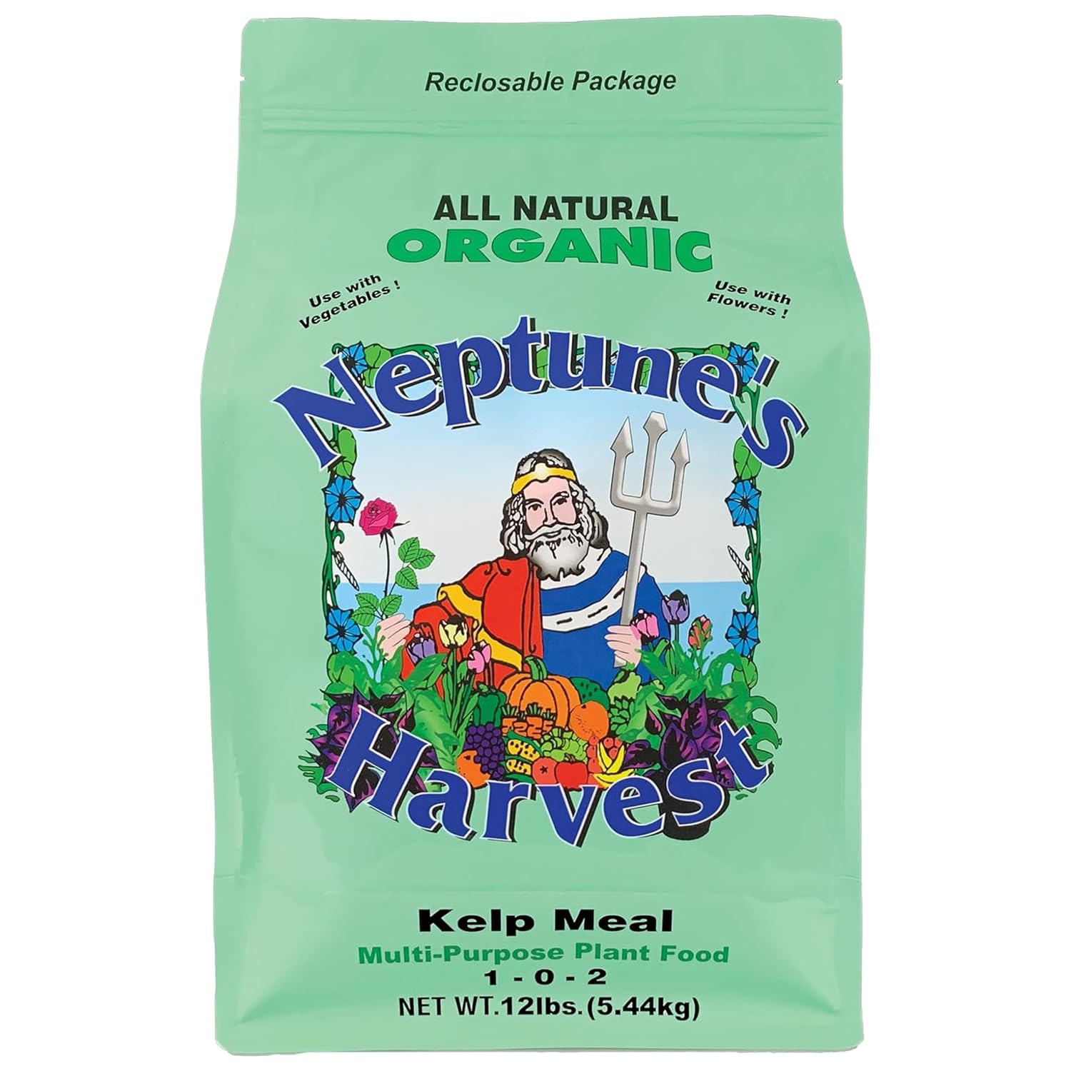 Neptune's Harvest kelp meal 12 lb bag ready for organic soil enrichment.