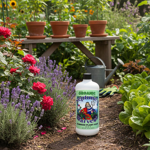 Lawn application using Neptune's Harvest Seaweed Plant Food for broad, even coverage.