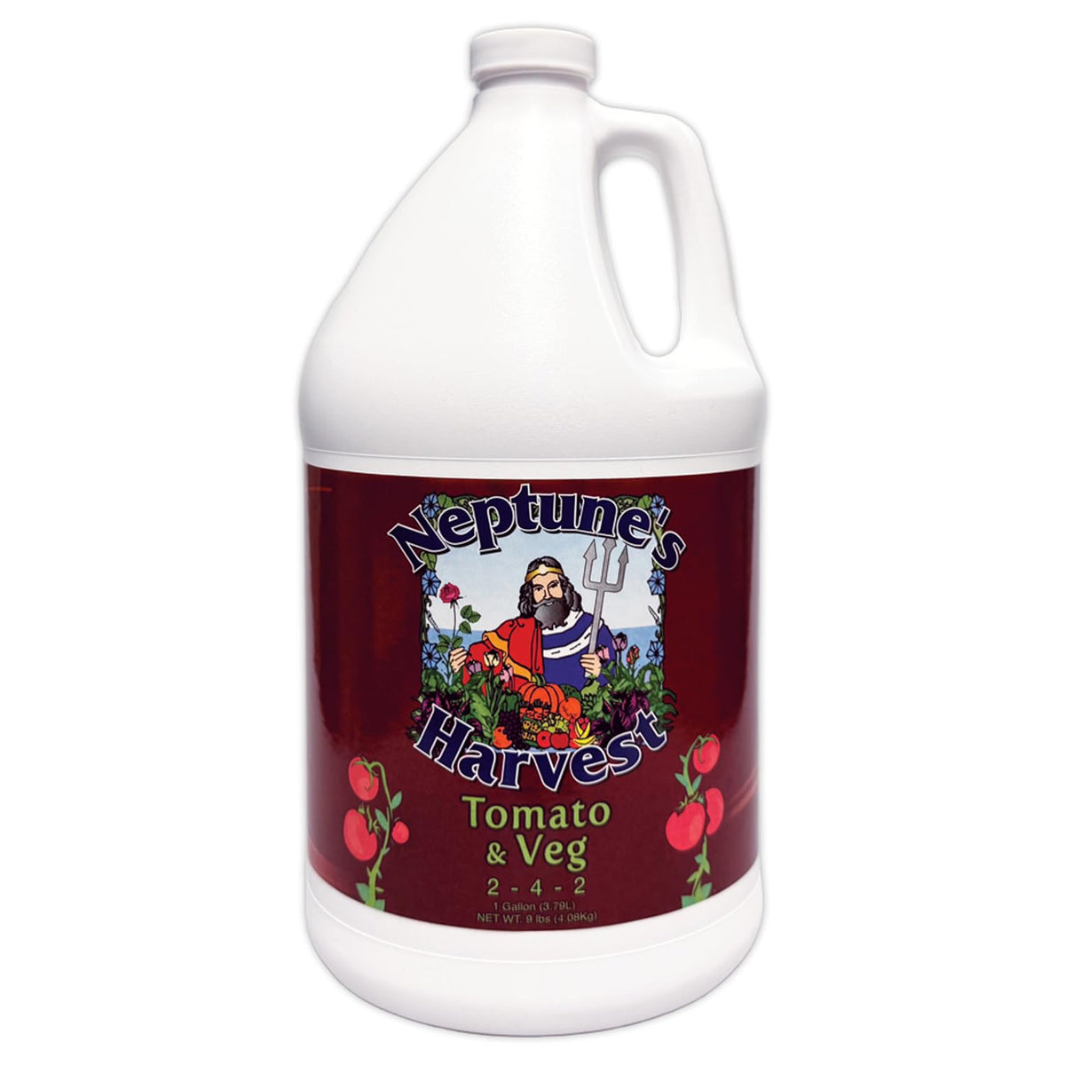 Neptune's Harvest tomato and vegetable fertilizer bottle pour supports vigorous growth.