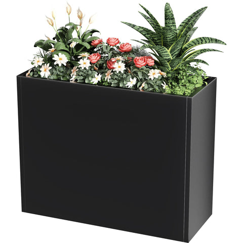 Nessxa tall metal planter box with removable shelf for seasonal plant rearrangement.