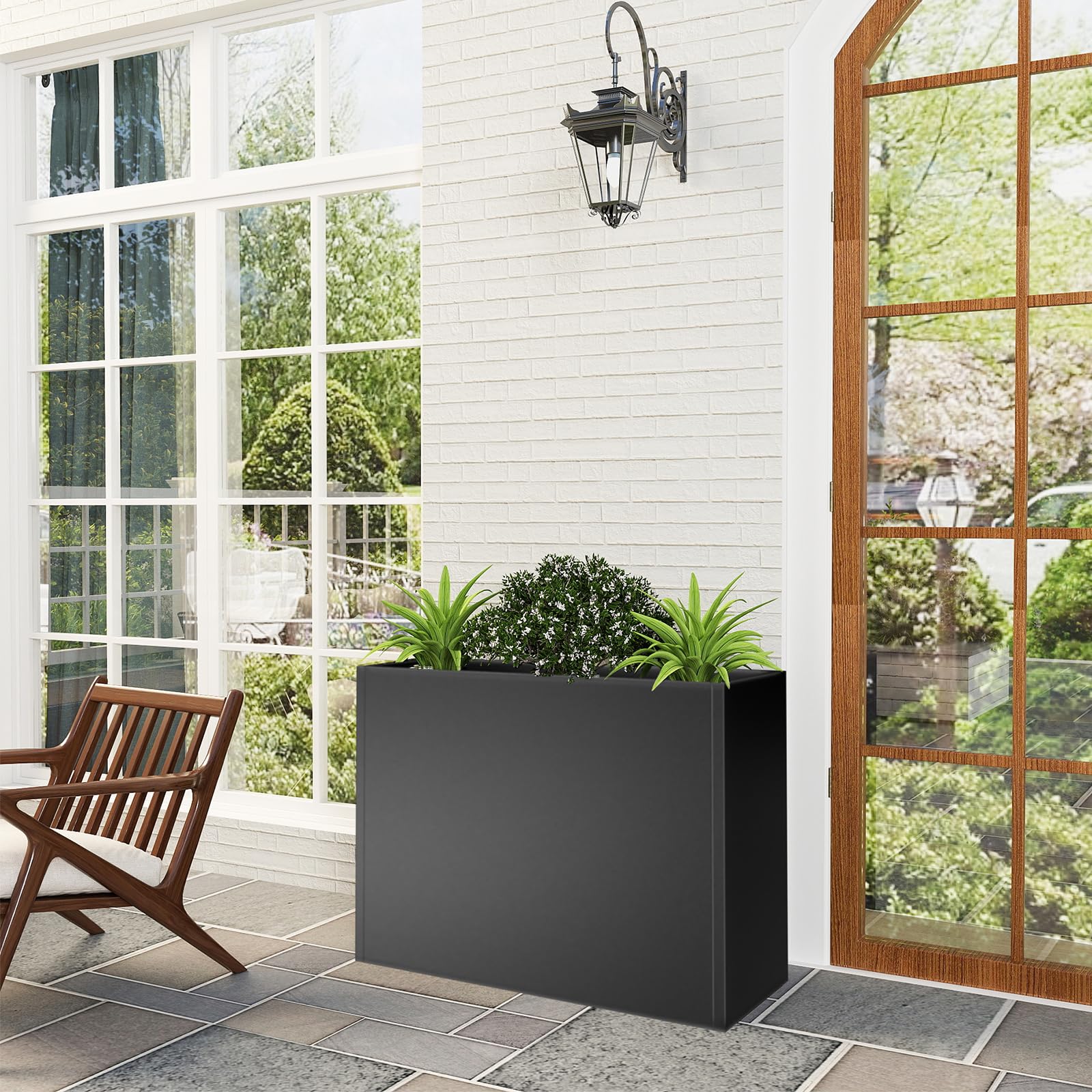 Nessxa Tall Metal Planter Box outdoor installation on a modern patio