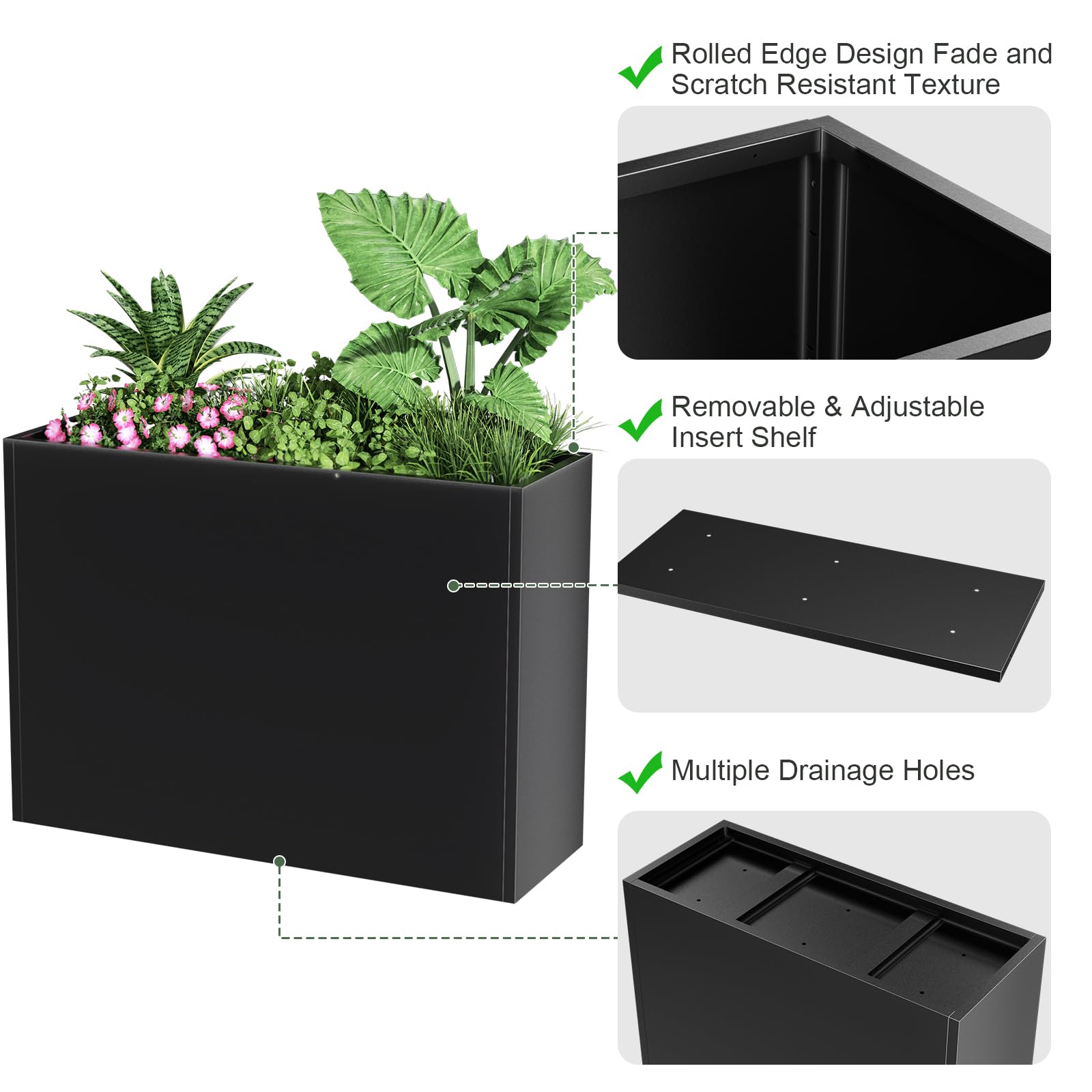 Nessxa Tall Metal Planter Box removable shelf illustrating height adjustments