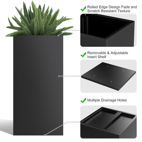 Nessxa tall metal planter box removable shelf demonstrates adjustable height for seasonal plant arrangements.