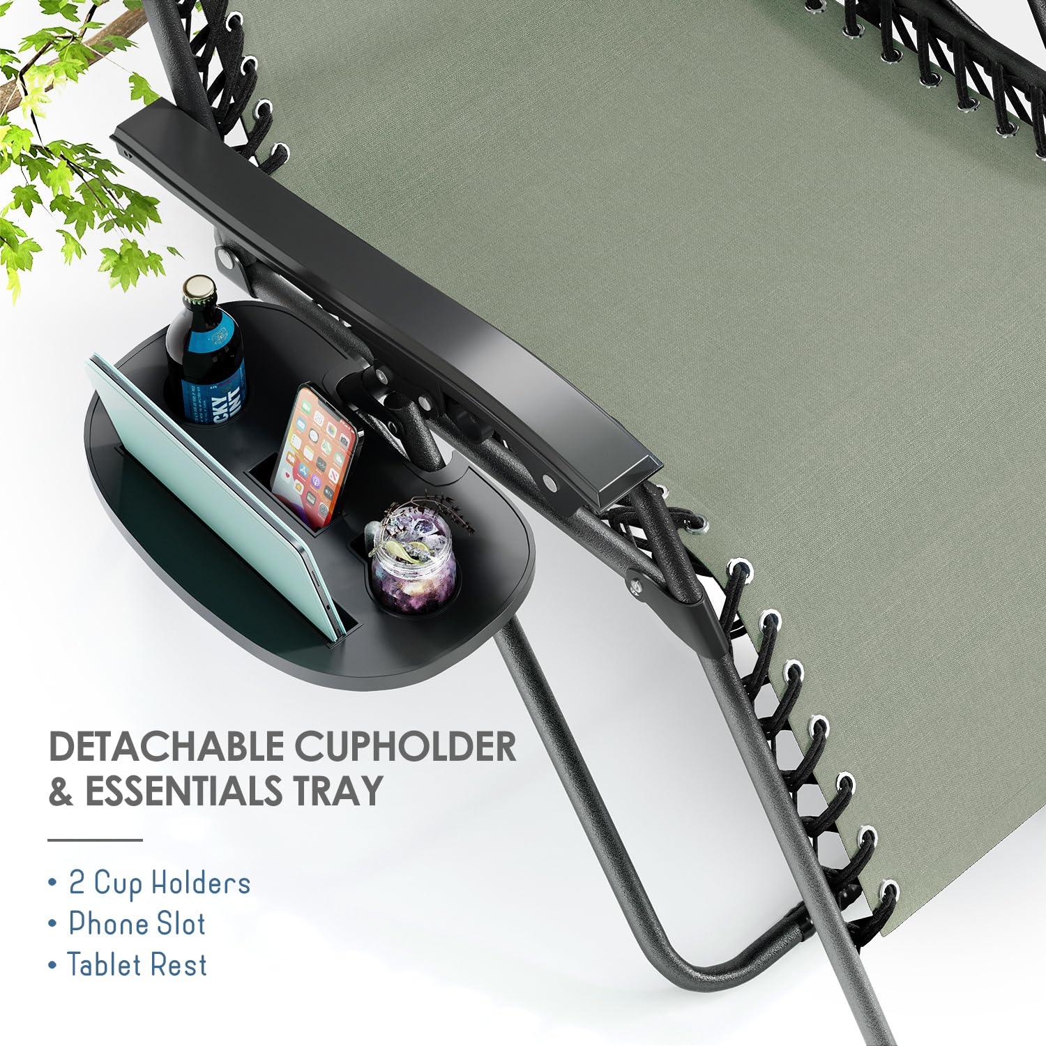 Nestl adjustable padded headrest and ergonomic armrests support extended lounging.