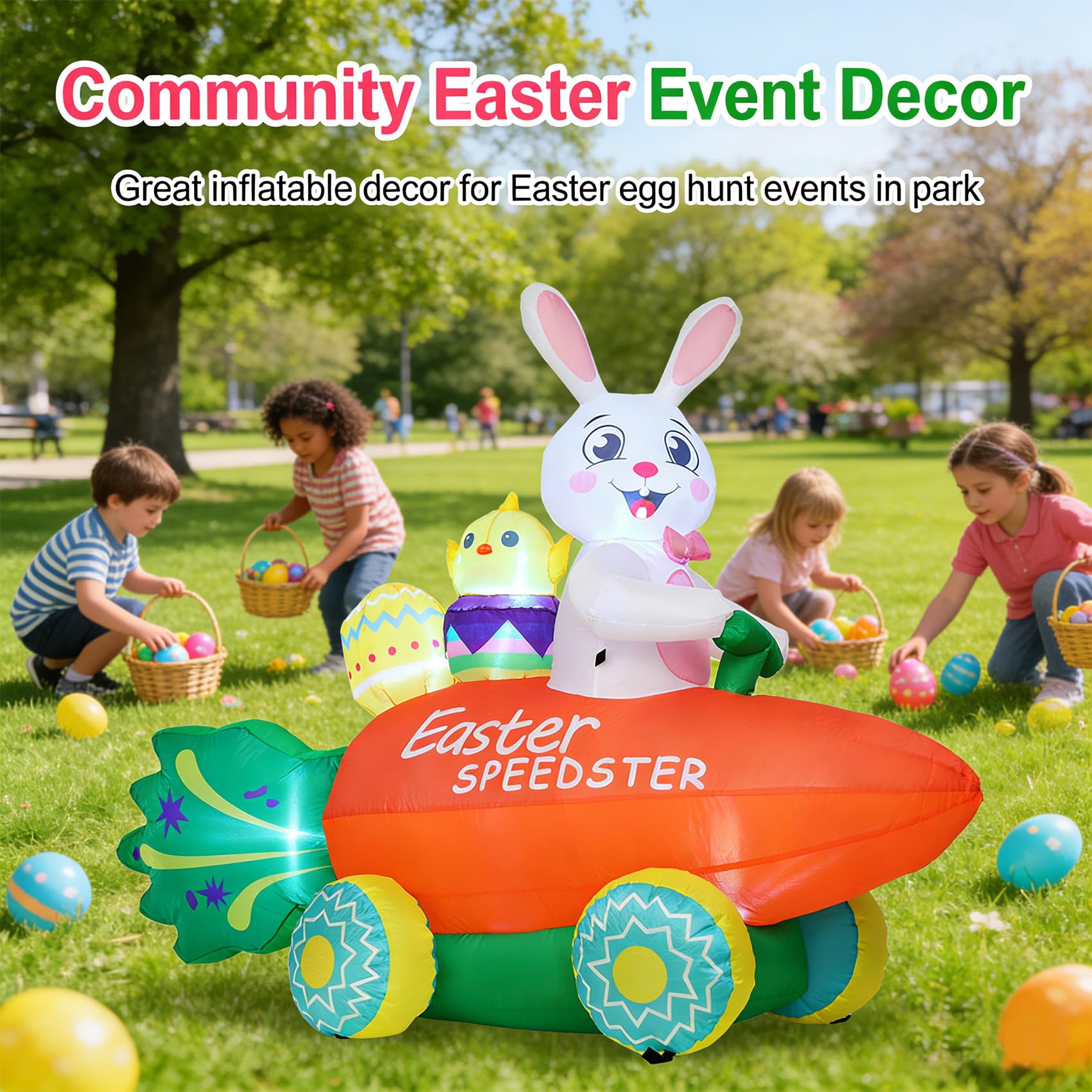 Nestly Easter bunny display with eggs and car at night using LED lighting