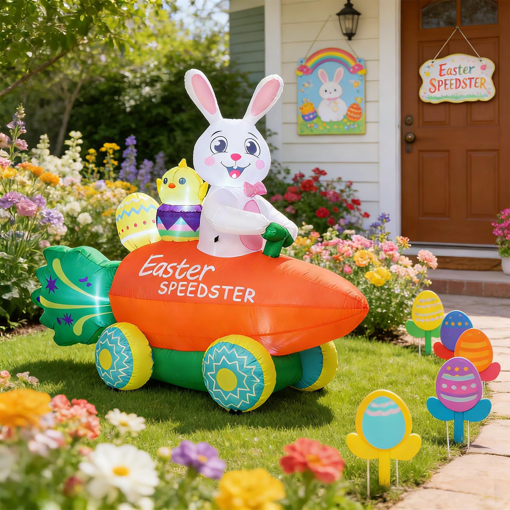 Nestly Easter inflatable bunny riding a carrot car adds festive curb appeal and smiles