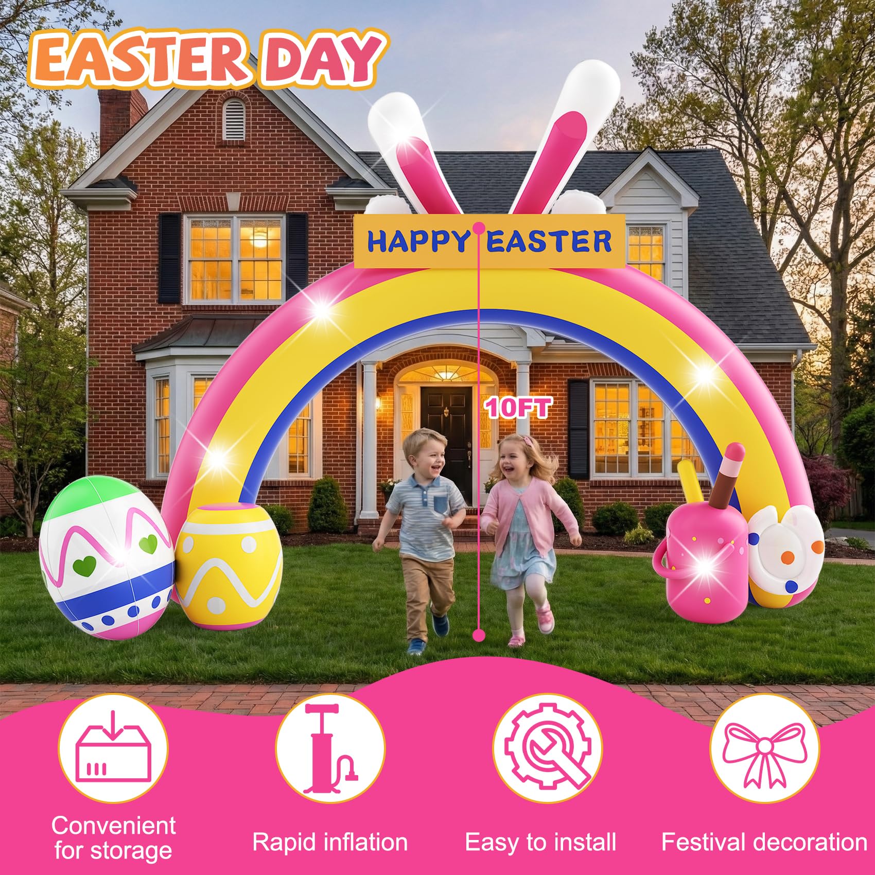 Nestly rainbow Easter arch with eggs and banner elevates nighttime garden decor.