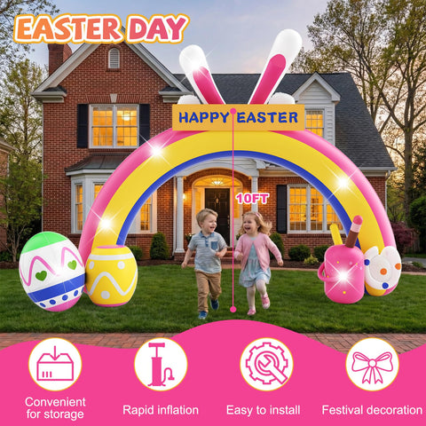 Nestly rainbow Easter arch with eggs and banner elevates nighttime garden decor.