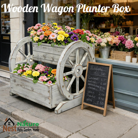 NestNature wagon planter box side view with wheels for easy patio repositioning.