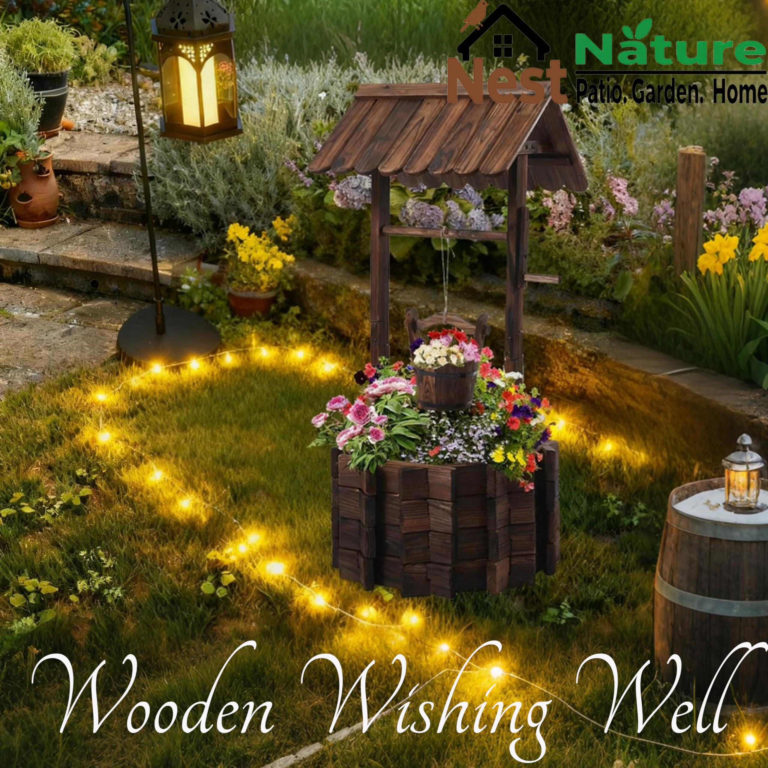 NestNature Wishing Well flowers in lower planter create color.