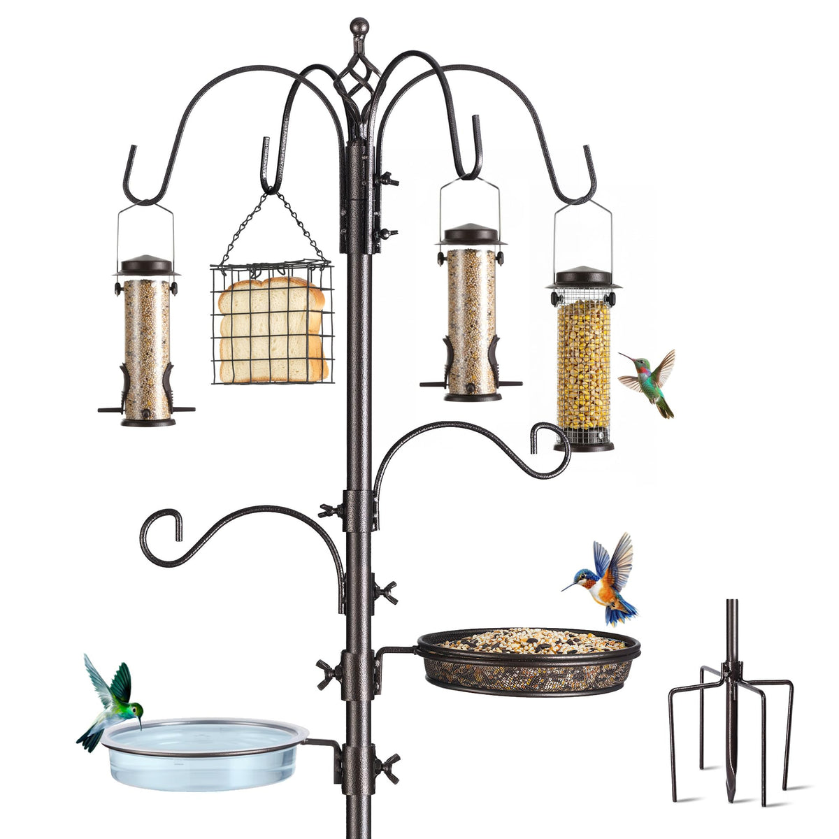 NestShld bird feeding station with six hooks for versatile feeding setups.