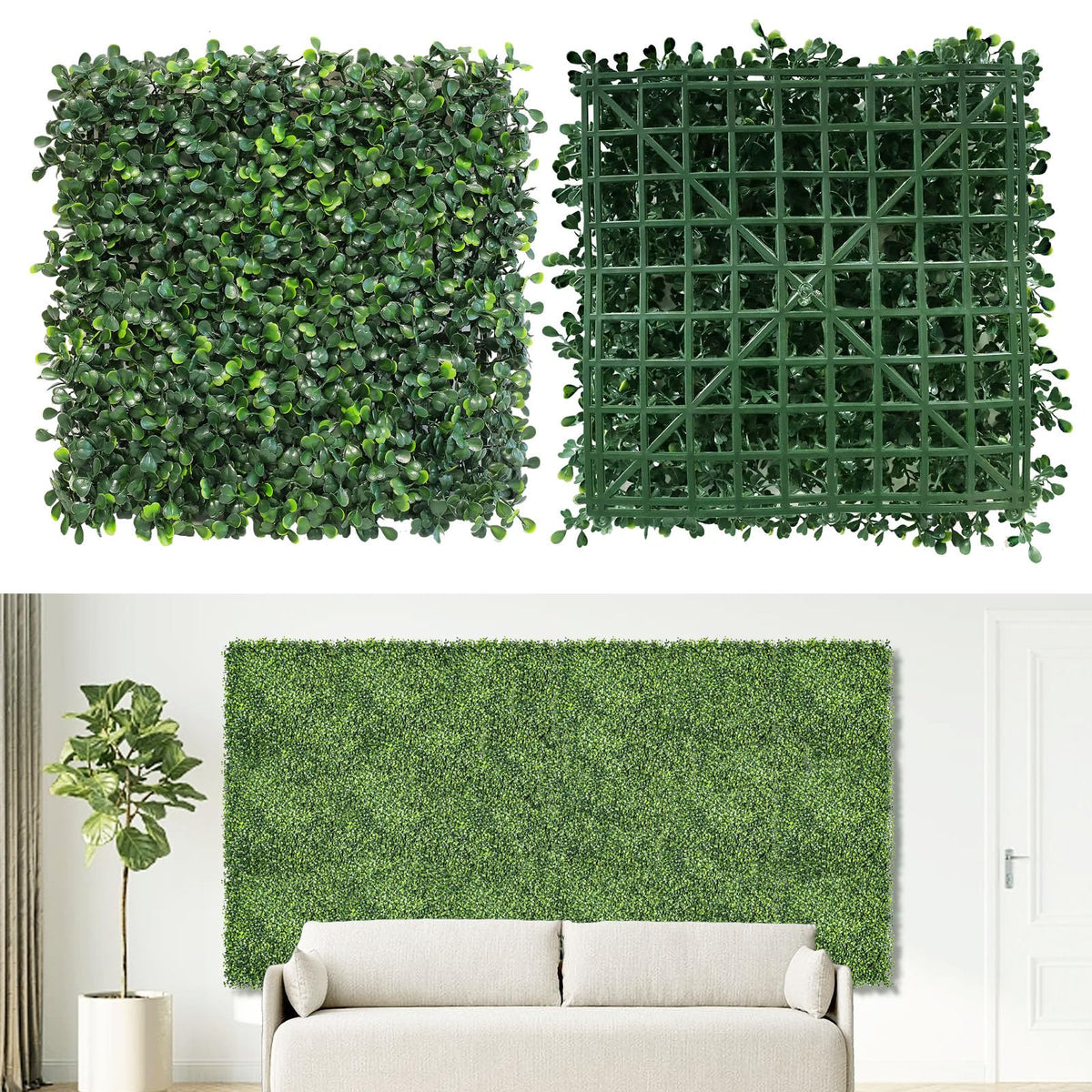 NETAP artificial grass wall panel close-up leaves showing dense realism for indoor decor