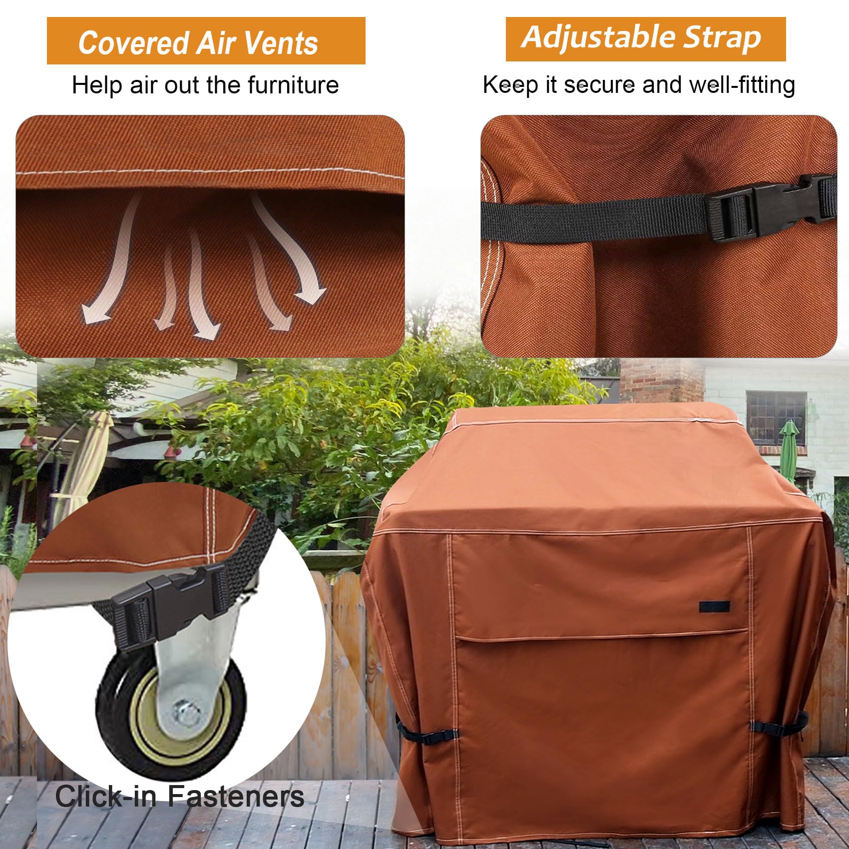 NettyPro brown heavy-duty grill cover blends with outdoor spaces and resists wear.