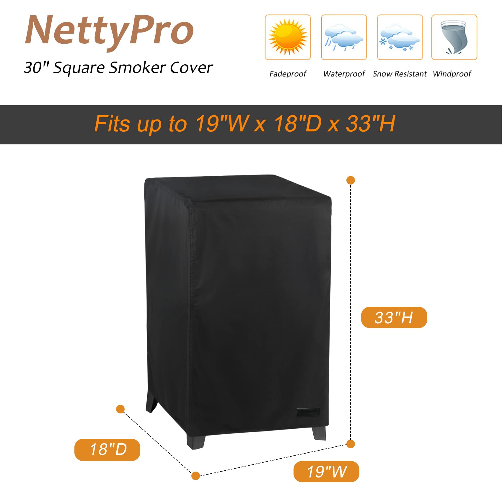 NettyPro dimension visuals show ideal fit for 19x18x33 inch space.