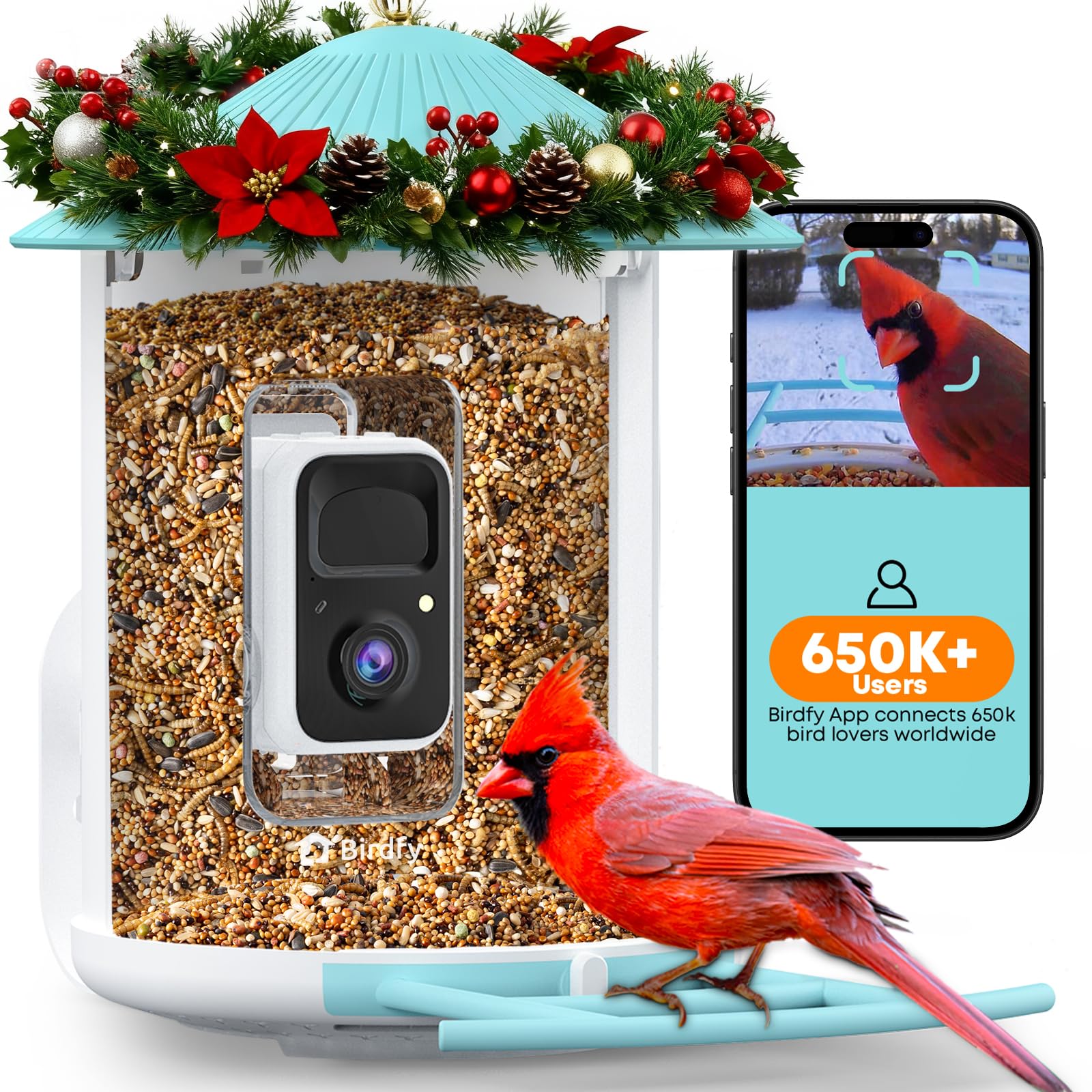 NETVUE Birdfy feeder front view, weatherproof for outdoor use.