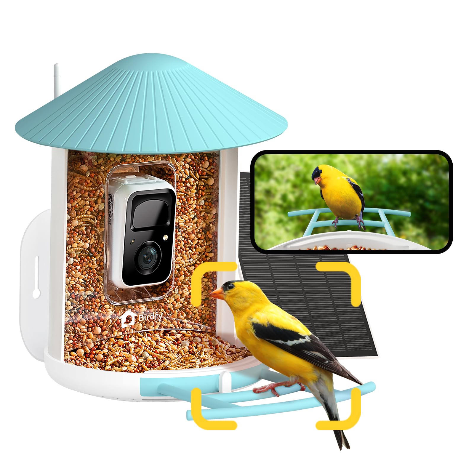 NETVUE Birdfy smart feeder front view shows the camera ready for outdoor use and bird watching