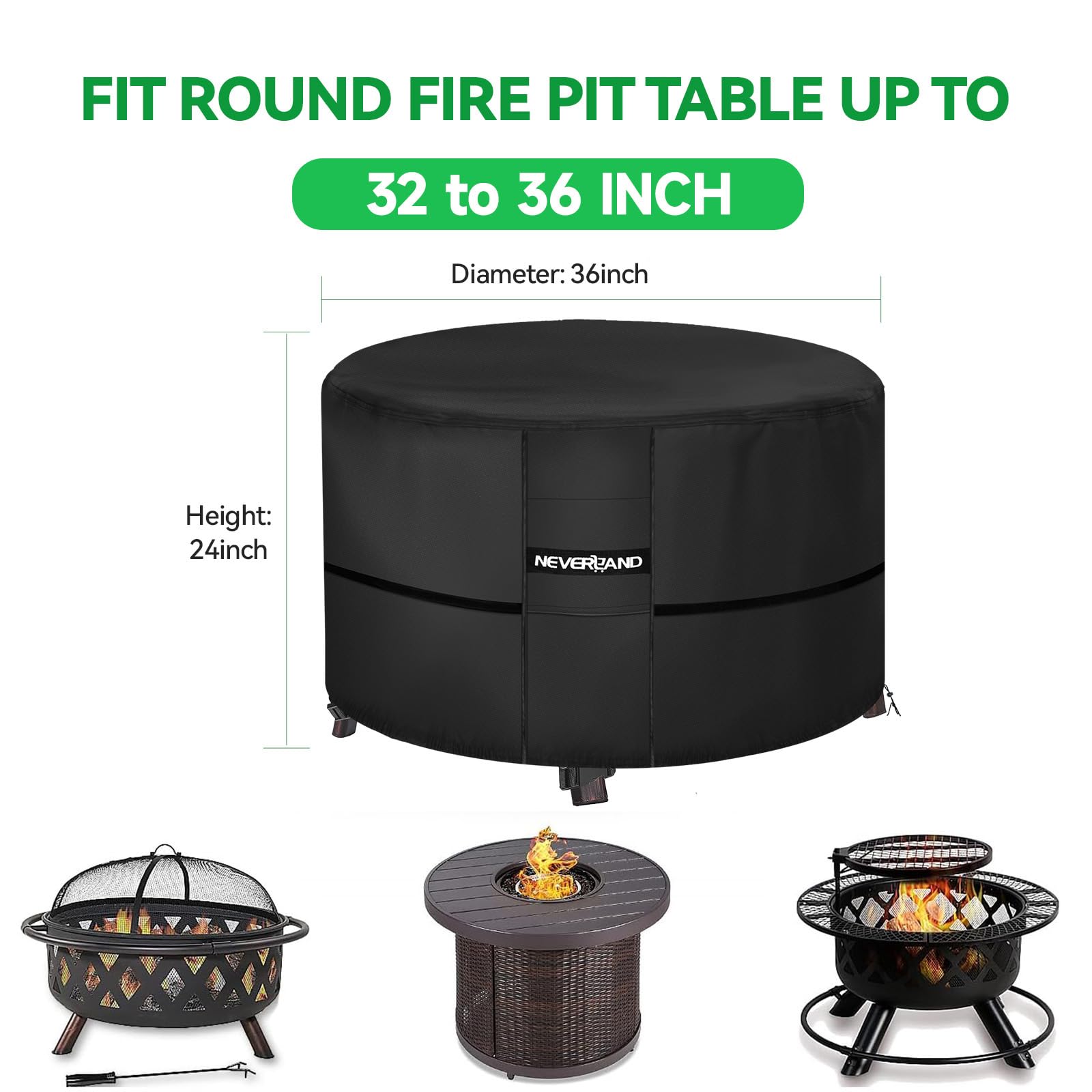 NEVERLAND fire pit cover buckle system keeps wind from blowing off