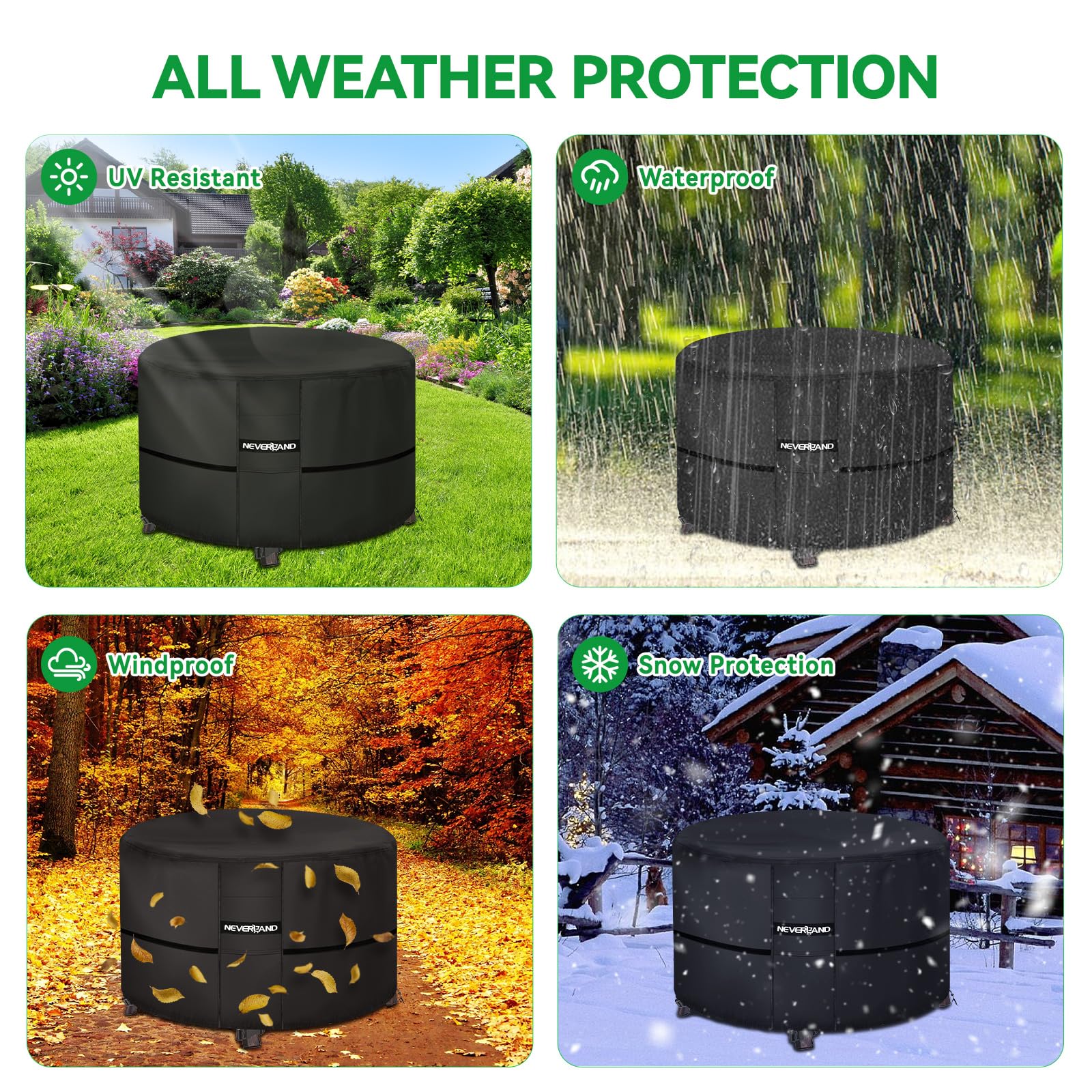 NEVERLAND round fire pit cover on a dark black patio appearance
