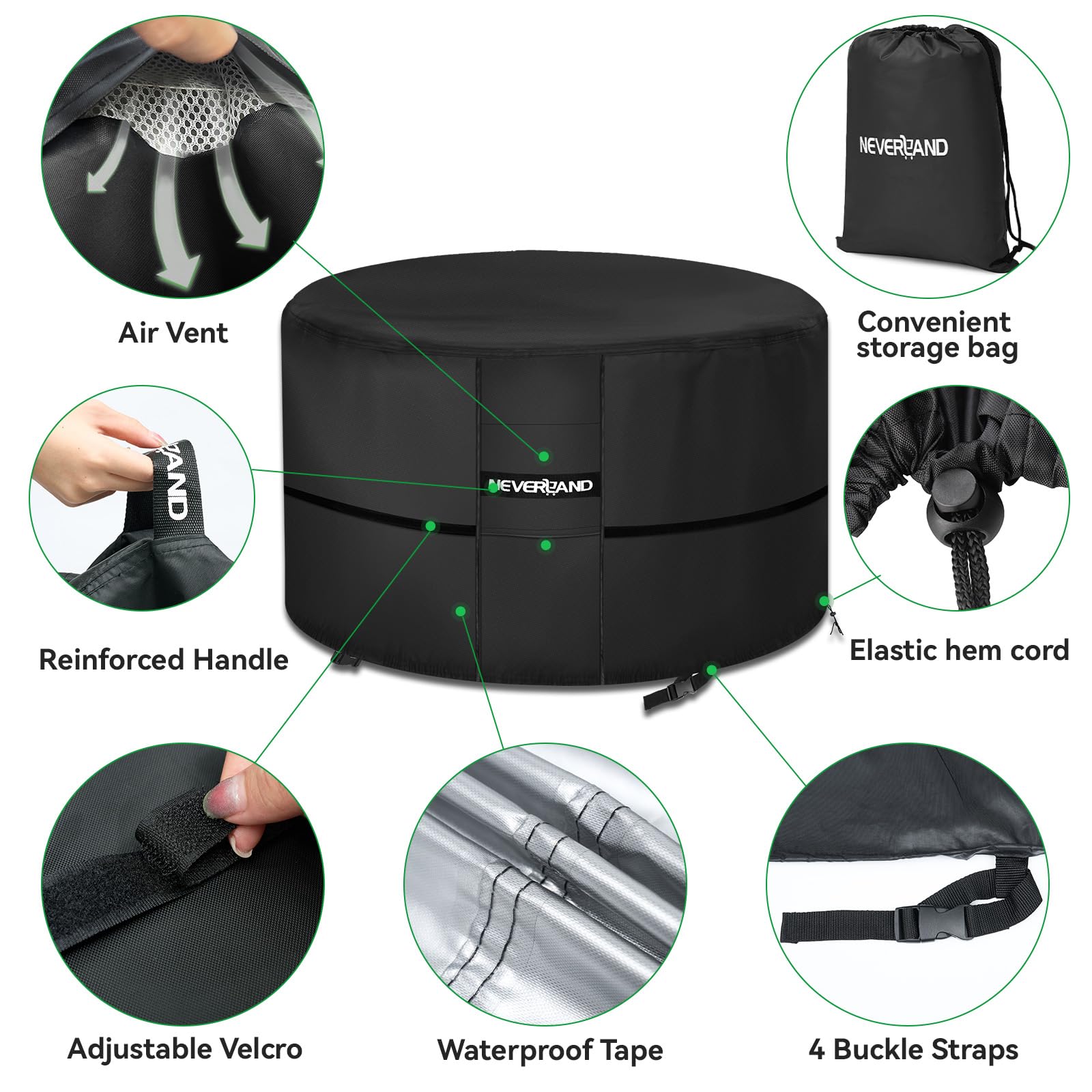 NEVERLAND round fire pit cover features breathable 600D Oxford fabric