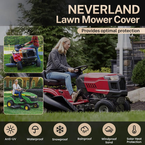NeverLAND heavy-duty outdoor mower cover withstands harsh weather during outdoor storage.
