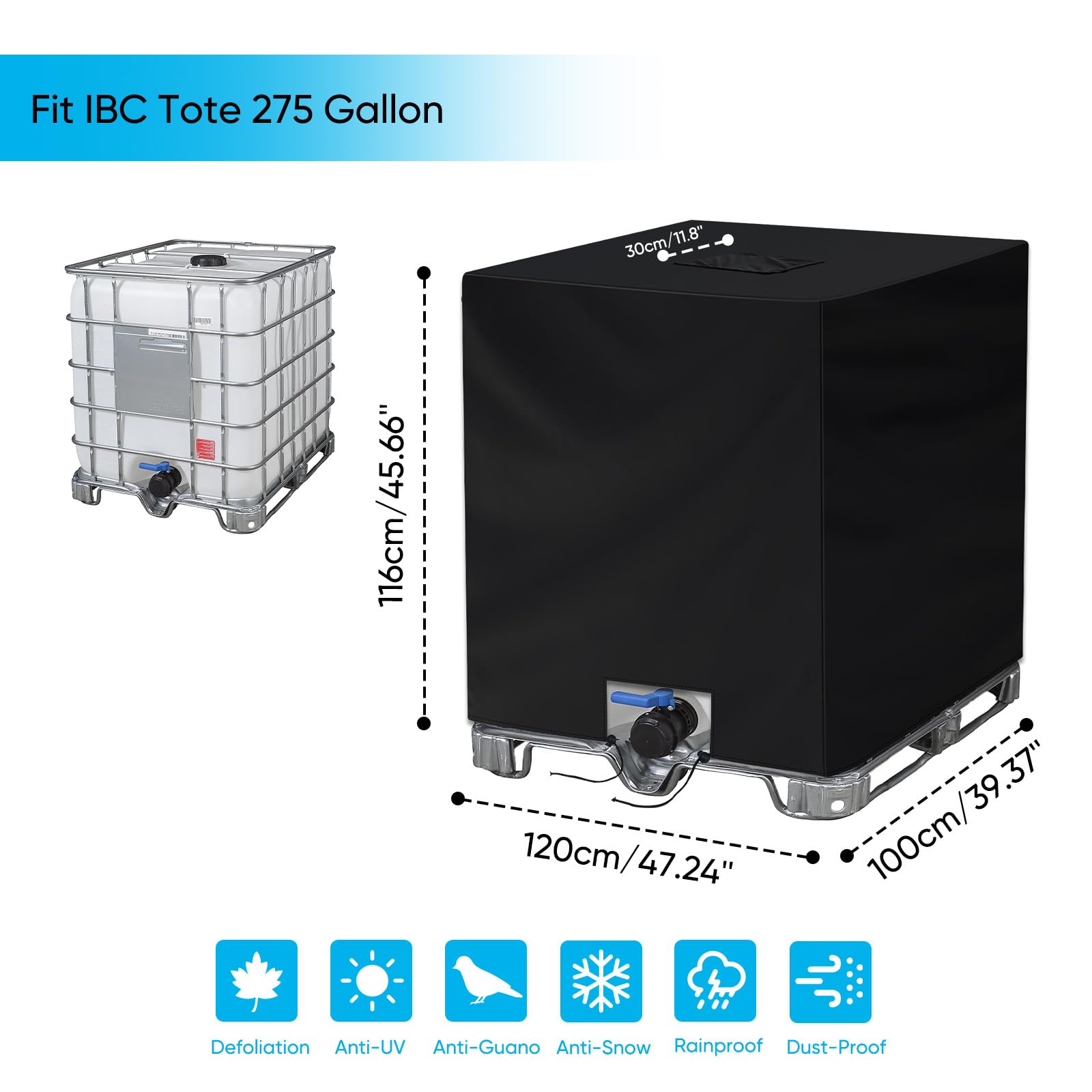 Neverland IBC tote cover side view shields outdoor tanks for all-weather use