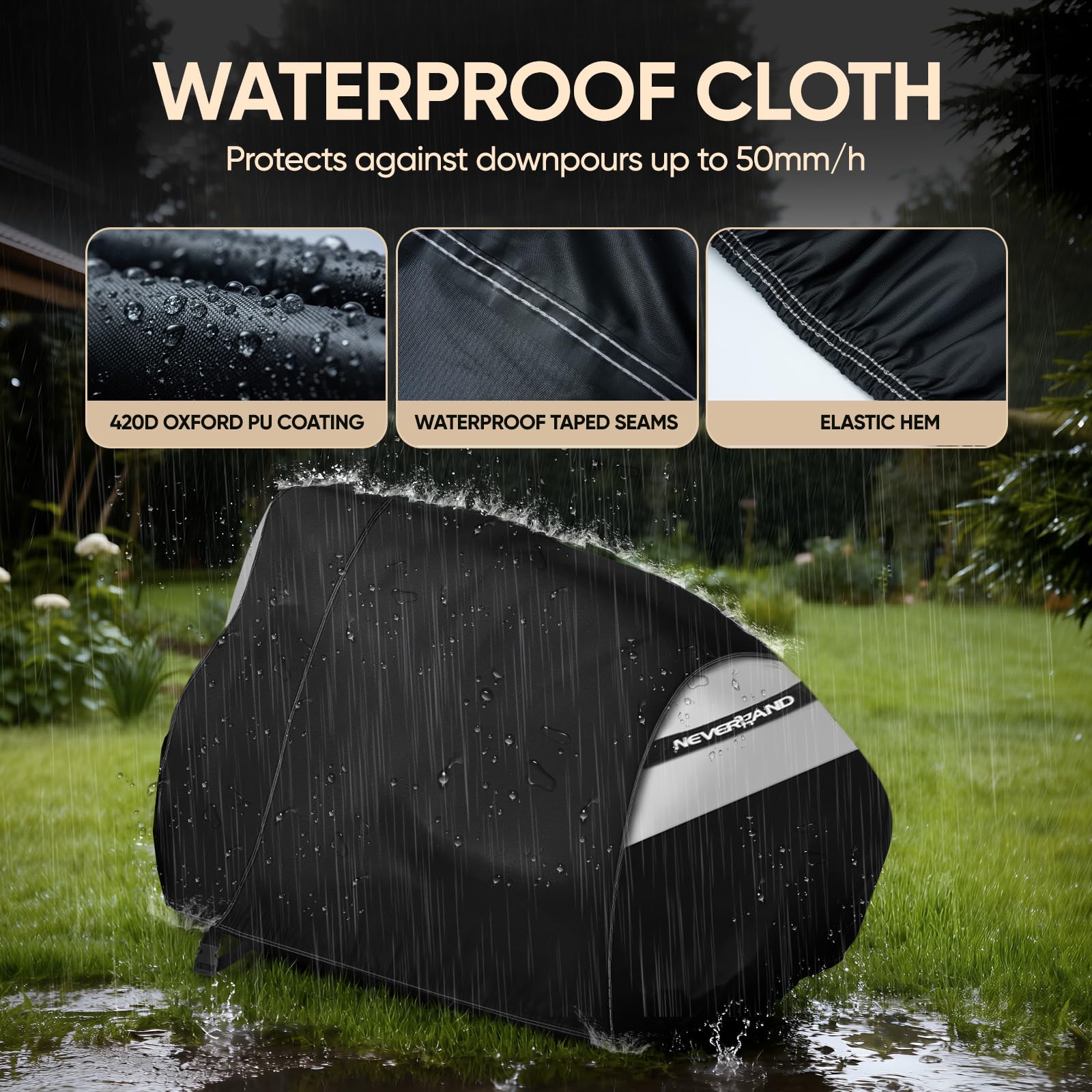 NeverLAND mower cover draws tight with drawstring for a snug seal