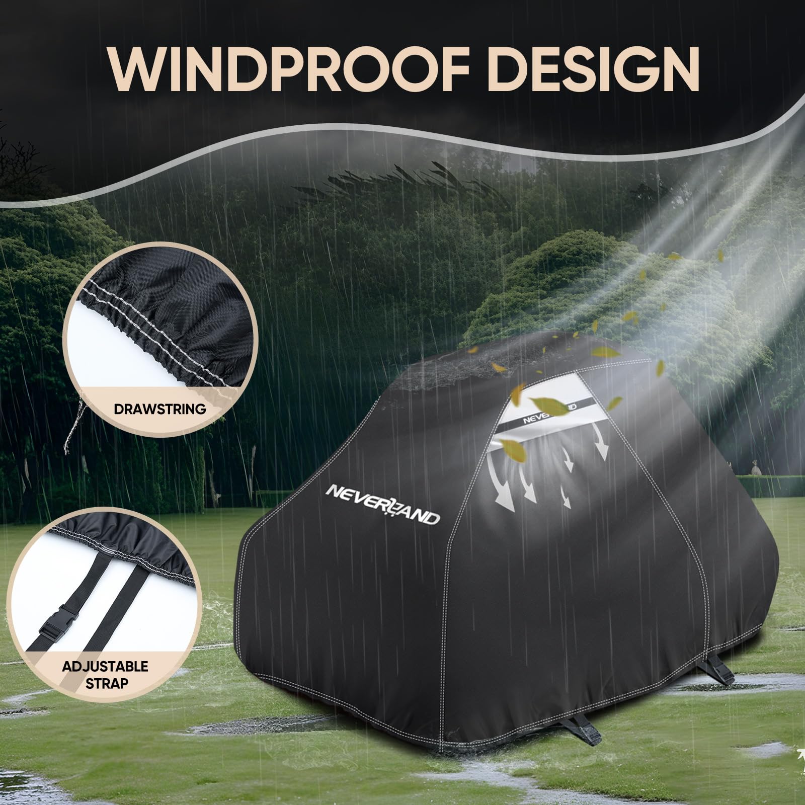 NEVERLAND cover with ventilation design promotes air circulation around the mower.