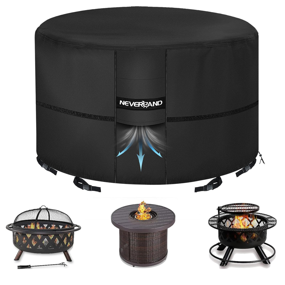 NEVERLAND round fire pit cover on a 36x24 inch pit protects from rain