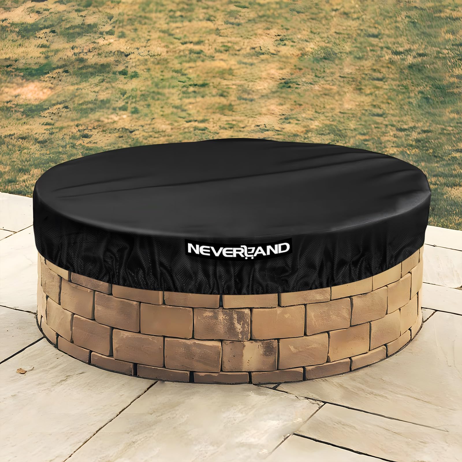 Neverland round fire pit cover on a 57-inch pit diameter protects from rain