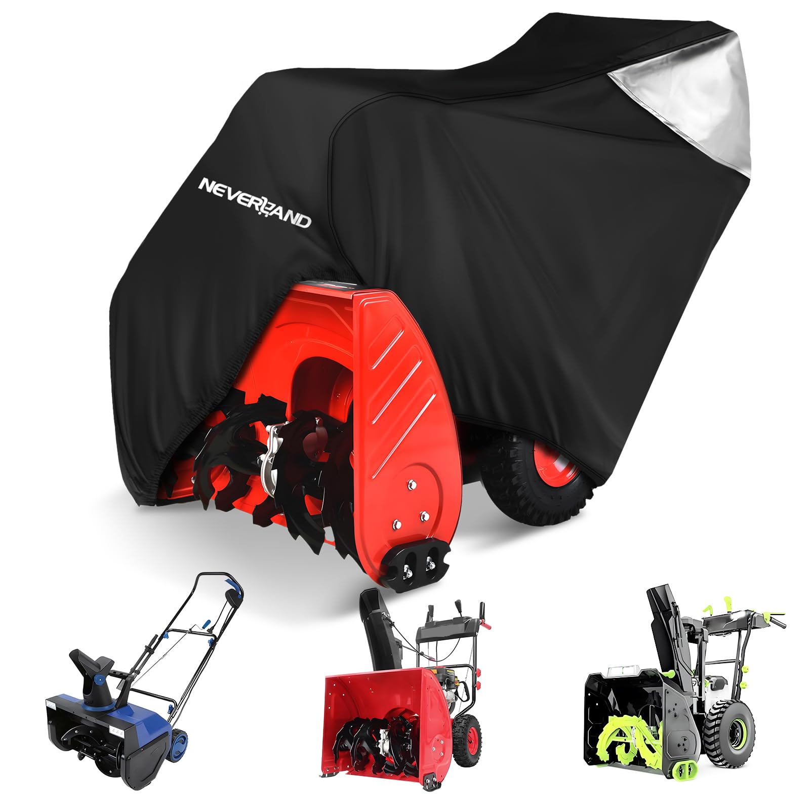 Neverland snow blower cover in 600D fabric protects against rain and UV exposure.