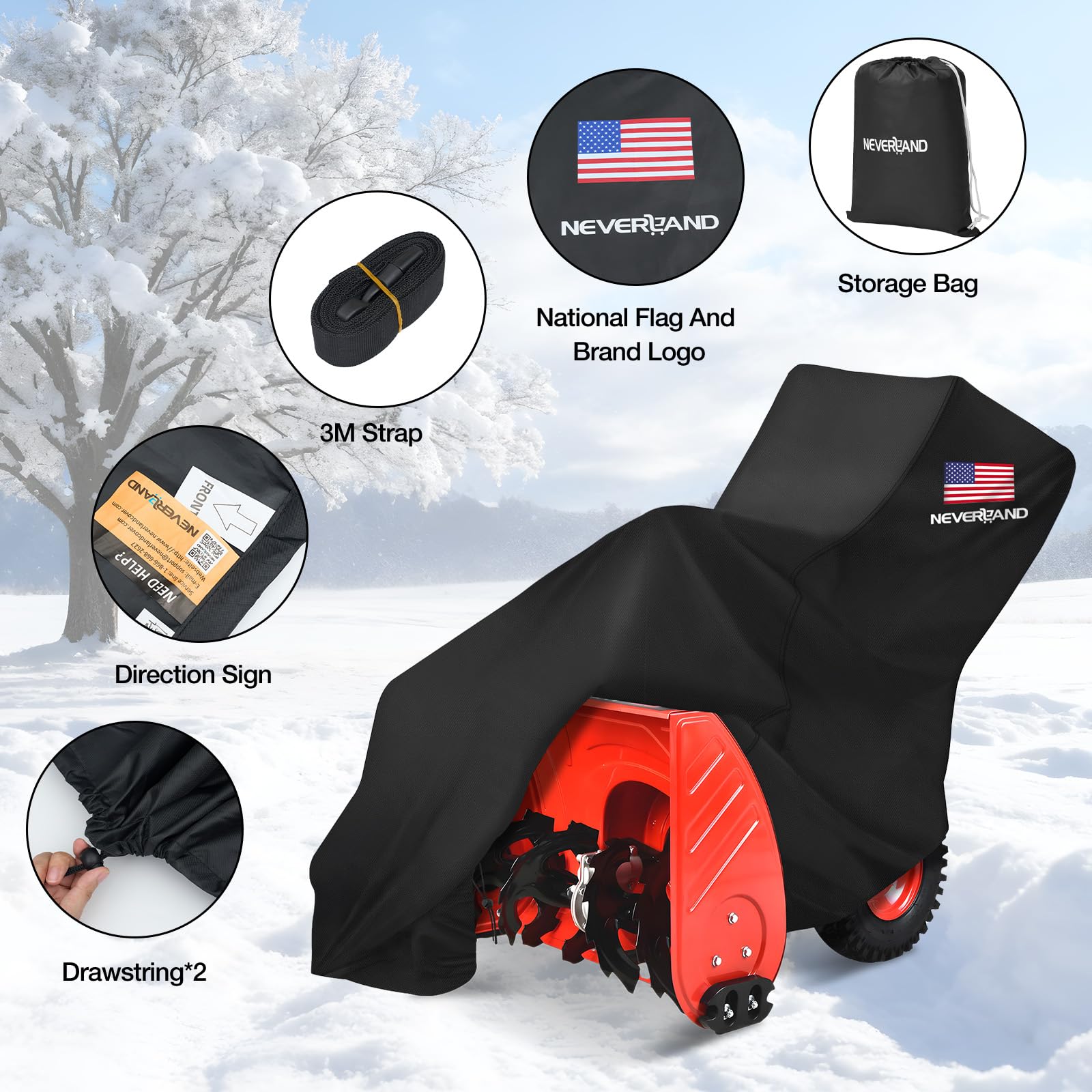 NeverLAND snowblower cover displays waterproof fabric protection against rain and snow